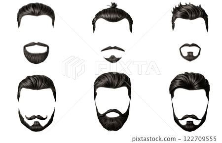 Collection of mens hairstyles and beards on a transparent background 122709555