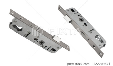 Galvanized mortise door lock with striker on white background. Door furniture. Door mortise lock. Metal door lock isolated Galvanized mortise door lock with striker on white background. Door furniture. Door mortise lock. Metal door lock isolated 122709671