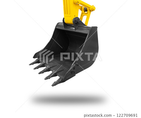 Crawler excavator with lift up bucket isolated on white background. Powerful excavator with an extended bucket close-up. Construction equipment for earthworks Crawler excavator with lift up bucket isolated on white background. Powerful excavator with an extended bucket close-up. Construction equipment for earthworks 122709691