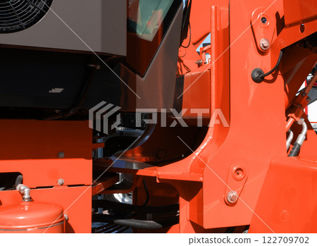 Hydraulic piston system for bulldozers, tractors, excavators. Hydraulic pipes of heavy industry machine. Mechanisms of heavy loading equipment. 122709702