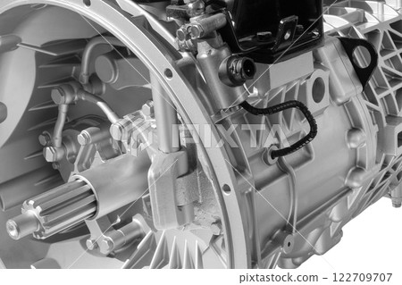 Car automatic transmission. Car automatic gearshift isolated on white background. Modern heavy duty automatic transmission of a truck or bus isolated Car automatic transmission. Car automatic gearshift isolated on white background. Modern heavy duty automatic transmission of a truck or bus isolated 122709707