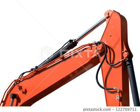 Crawler excavator with lift up bucket isolated on white background. Powerful excavator with an extended bucket close-up. Construction equipment for earthworks 122709711