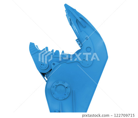 Giant hydraulic shear for bulldozer isolated on white background. Hydraulic crusher shearing equipment for scrap steel. Working at Construction Site Giant hydraulic shear for bulldozer isolated on white background. Hydraulic crusher shearing equipment for scrap steel. Working at Construction Site 122709715