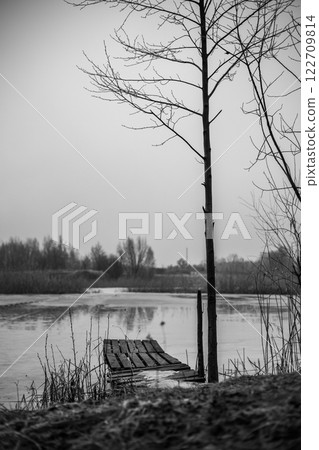 Small wooden pier extending into a frozen lake in winter, surrounded by bare trees and dry vegetation, creating a serene and desolate atmosphere. A pier on a frozen pond on a cloudy winter day. Small wooden pier extending into a frozen lake in winter, surrounded by bare trees and dry vegetation, creating a serene and desolate atmosphere. A pier on a frozen pond on a cloudy winter day. 122709814
