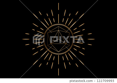 Sacred Geometry gold radiant icon, Merkaba logo template, Mystical tetrahedrons symbol. Ancient esoteric symbol vector illustration isolated on black background 122709993
