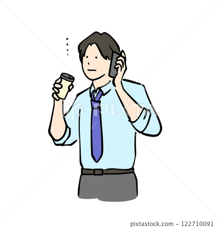 Illustration of a man in a suit holding a drink cup while making a phone call with an unsatisfied expression Illustration of a man in a suit holding a drink cup while making a phone call with an unsatisfied expression 122710091