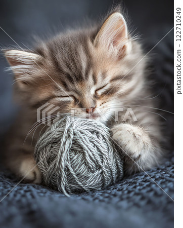 Cute little kitten playing with ball of yarn on gray background. 122710249
