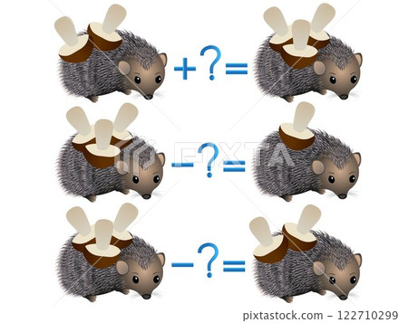 Action relationship of addition and subtraction, examples with mushrooms on a hedgehog 122710299