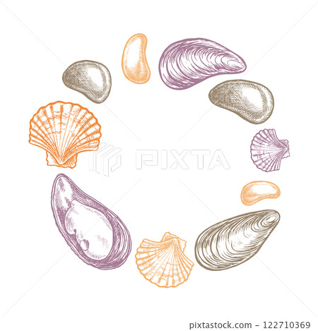 A round composition of shells and pebbles. Hand-drawn vector illustration. A color image of marine objects in a frame. Separate from the background. Perfect for packaging, labels and more. 122710369