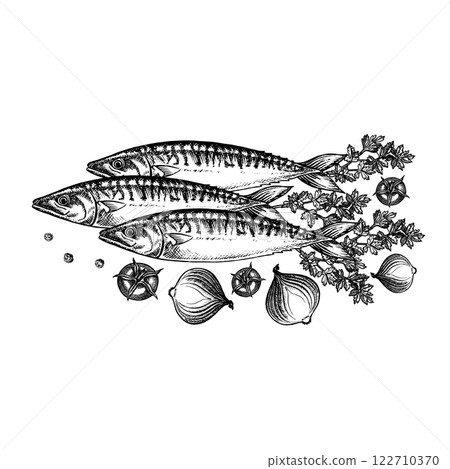 Mackerel with herbs and vegetables. Hand-drawn vector illustration. Black and white image of a fish dish. On a white background. For menus, recipe books, packages, labels, invitations. Mackerel with herbs and vegetables. Hand-drawn vector illustration. Black and white image of a fish dish. On a white background. For menus, recipe books, packages, labels, invitations. 122710370