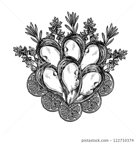 Mussels with lemon, parsley and rosemary. Hand-drawn vector illustration. Black and white image of seafood. Separate from the background. Suitable for menus, recipe books, packages, labels and banners 122710374