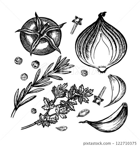 Vegetables, tomatoes, onions, garlic, herbs and spices. Hand-drawn vector illustration. Black and white image of food. Separate from the background. Perfect for menus, recipe books, packages, labels. 122710375