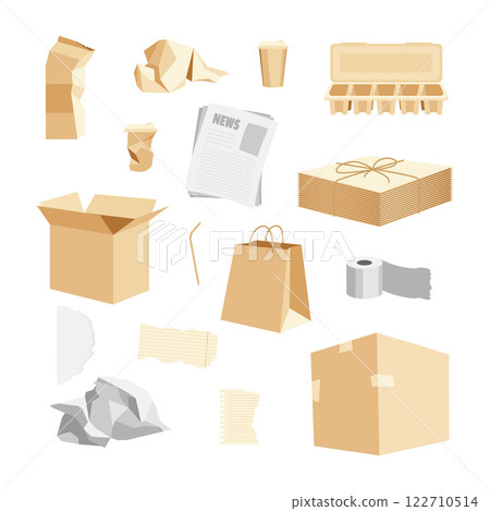 Cartoon Color Different Paper Trash Set Recycle Garbage Concept Flat Design Style. Vector illustration of Cardboard Box, Coffee Cup and Newspaper Cartoon Color Different Paper Trash Set Recycle Garbage Concept Flat Design Style. Vector illustration of Cardboard Box, Coffee Cup and Newspaper 122710514