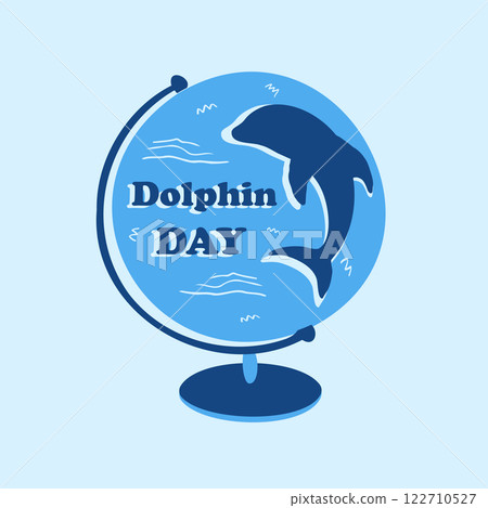 A template for Dolphin Awareness month. Vector illustration of a globe and silhouette of a blue dolphin, marine mammal rescue concept. A place for the text, a flat icon. A template for Dolphin Awareness month. Vector illustration of a globe and silhouette of a blue dolphin, marine mammal rescue concept. A place for the text, a flat icon. 122710527