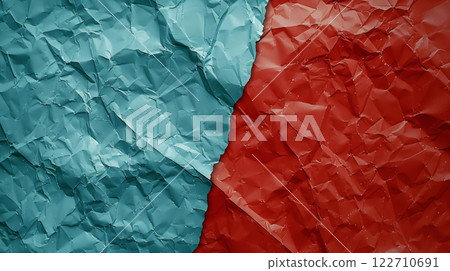 Bright dual-toned crumpled paper texture in red and teal for creative design 122710691