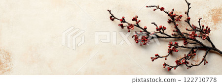 The lush cherry blossom branch enhances the soft pastel background, symbolizing the elegance and purity of spring in a calm, peaceful setting, banner 122710778