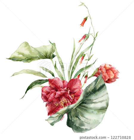 Watercolor tropical flowers bouquet of hibiscus, etlingera and torch ginger. Hand-drawn floral card isolated on white background. Holiday Illustration for design, print, fabric or background. Watercolor tropical flowers bouquet of hibiscus, etlingera and torch ginger. Hand-drawn floral card isolated on white background. Holiday Illustration for design, print, fabric or background. 122710828