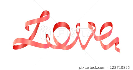 Word Love made from ribbon. Pink silk curly ribbon forms the inscription Love. Vector illustration for wedding invitation, romantic greeting card, valentine, certificate, banner. Word Love made from ribbon. Pink silk curly ribbon forms the inscription Love. Vector illustration for wedding invitation, romantic greeting card, valentine, certificate, banner. 122710835