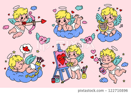 Vector set of colorful Cupid illustrations in a cute style. Perfect for Valentine's Day designs 122710896