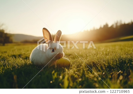 Cute white bunny resting on a green field 122710965