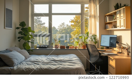 Cozy home studio with a functional desk setup 122710993