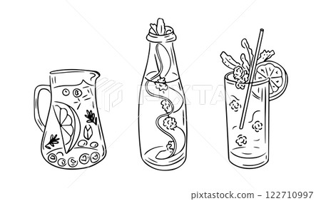 Line art illustration of refreshing drink compositions Line art illustration of refreshing drink compositions 122710997