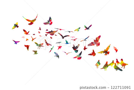A flock of colored birds. hand drawing. Not AI. Vector illustration A flock of colored birds. hand drawing. Not AI. Vector illustration 122711091