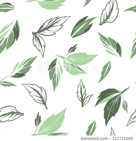 Green leaves seamless background. Hand drawing. Not AI, Vector illustration 122711099
