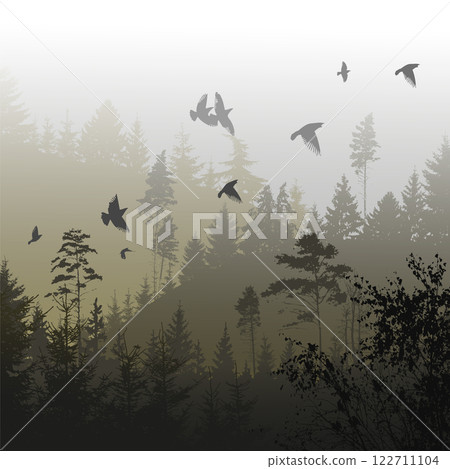 Mountain fog nature background with birds. hand drawing. Not AI Vector illustration 122711104