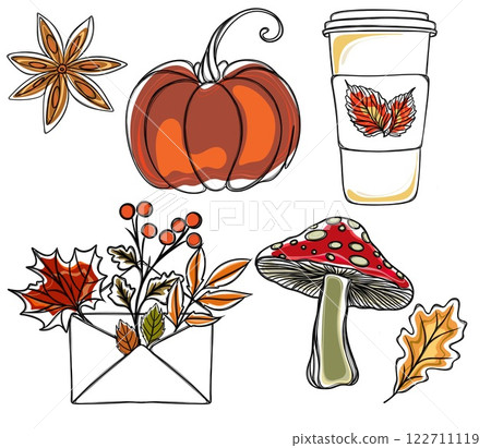 Large set of autumn stickers. Template for printing on t-shirts. Freehand sketch of autumn elements 122711119