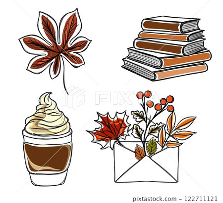 Freehand autumn sticker set - stack of books and coffee to go, envelope with autumn leaves 122711121