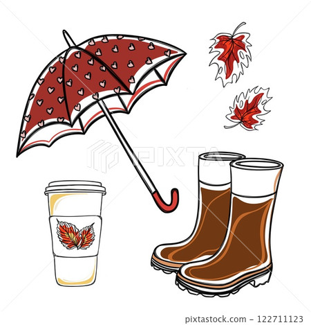 Set of autumn stickers freehand. Template umbrella, rubber boots and coffee to go 122711123