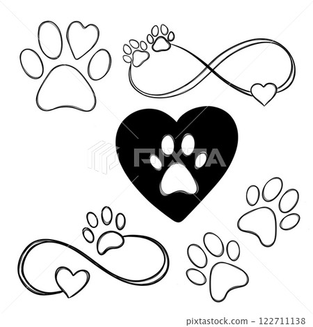 Big set line art illustration pet care, dog footprint. Dog paw tattoo idea, dog footprint 122711138
