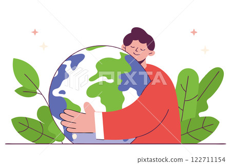 Man hugging big earth planet. Save the Earth concept. Earth day. Vector illustration 122711154