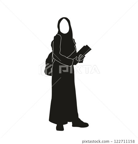hijab dress woman silhouette pose carrying a book, black school woman vector icon 122711158