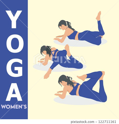 Yoga poses woman vector set. Warm up movement exercises for women, body goals, women's leggings. flat blue color. collection of sexy women leggings icons. YOGA day 122711161