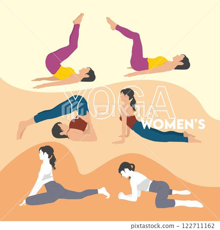 Set of six vector yoga women. Warm up movement exercises for women, body goals, women's leggings. sexy women leggings icon collection, flat color, usage 122711162
