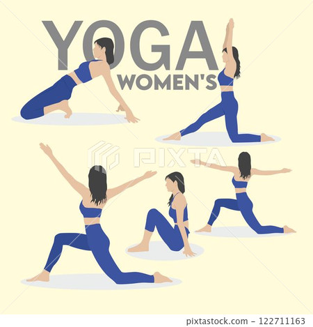 Yoga woman vector set. Warm up movement exercises for women, body goals, women's leggings. flat blue color. collection of sexy women leggings icons 122711163
