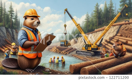 Beavers working as lumberjacks, transporting logs with crane and teamwork in forest river 122711200