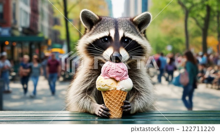 Raccoon enjoying ice cream in urban park setting Raccoon enjoying ice cream in urban park setting 122711220