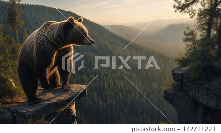 Majestic bear standing on mountain cliff at sunset 122711221