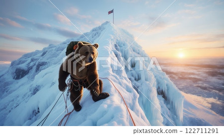 Brown bear climbing snowy mountain at sunset: reaching the summit 122711291