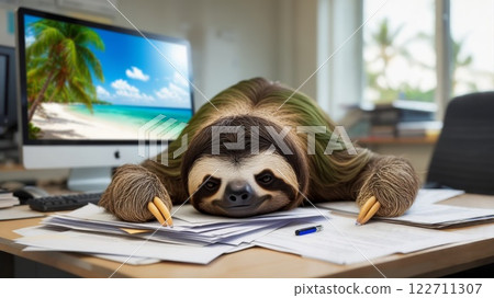 Sloth sleeping on documents at office desk dreaming of vacation 122711307