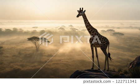 Majestic giraffe overlooking misty savannah at sunrise 122711341