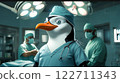 Penguin surgeon wearing scrubs and stethoscope in operating room 122711343