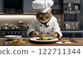 Cat chef preparing gourmet meal in modern kitchen 122711344