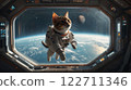 Curious astronaut cat floating in spacecraft, observing earth 122711346