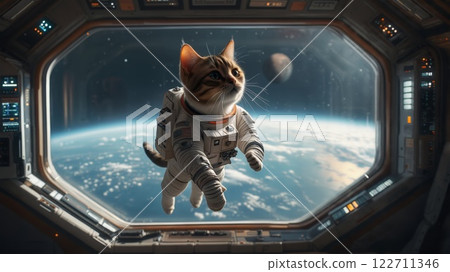 Curious astronaut cat floating in spacecraft, observing earth 122711346