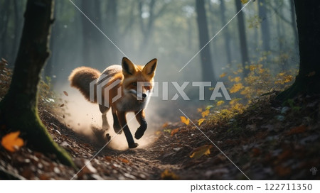 Red fox running on a path in autumn forest 122711350