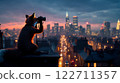 Curious fox observing cityscape at sunset with binoculars 122711357